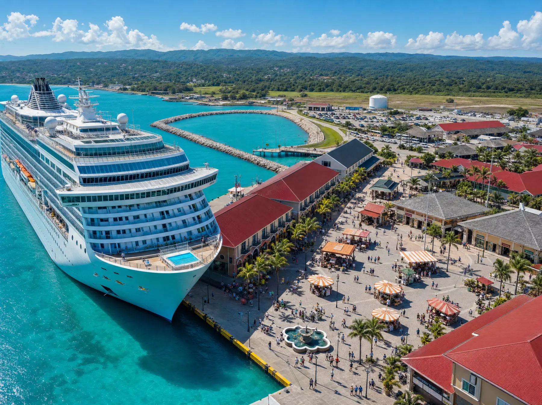 An aerial view of Falmouth cruise port, a docked ship on turquoise water beside red-roofed terminal buildings and a busy palm-lined plaza
