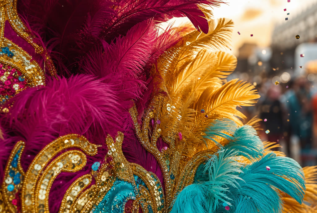Close-up of carnival costume feathers and sequins in magenta, gold and turquoise