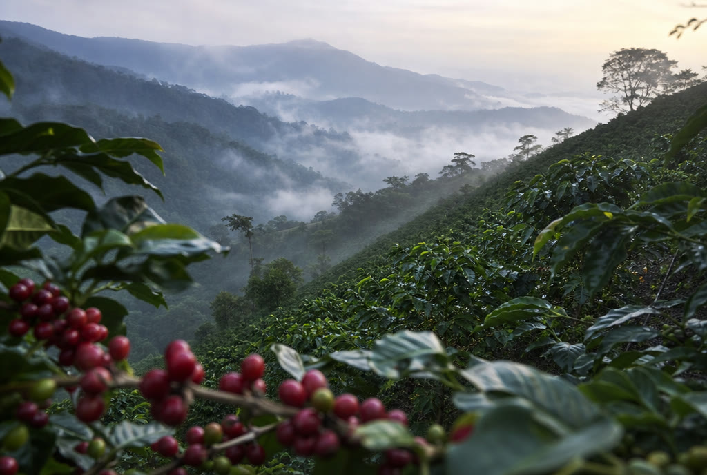Rows of coffee shrubs on a misty Jamaican hillside at dawn