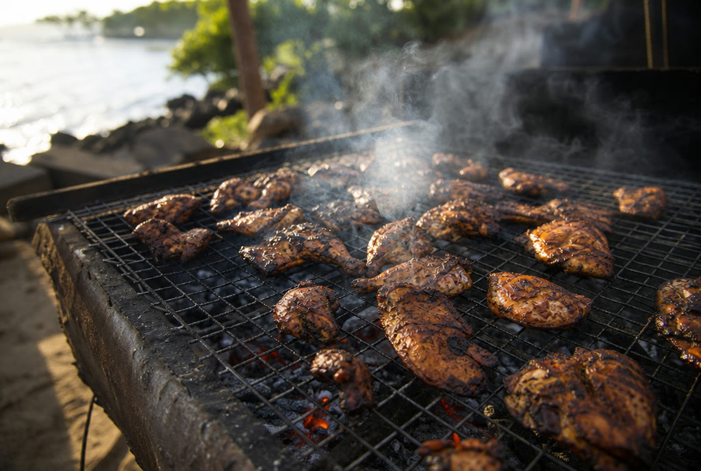 Jerk chicken grilling over smoking pimento wood coals
