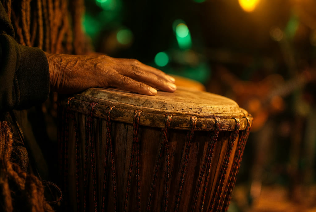 Hands playing a tall wooden drum in warm stage light