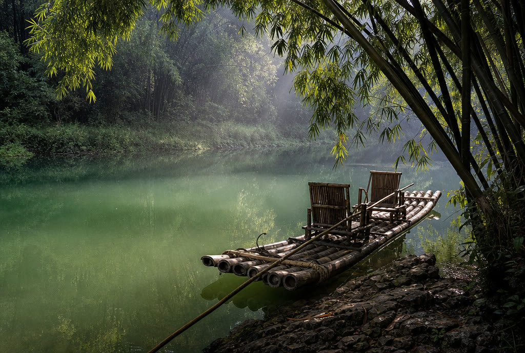 A bamboo raft moored at the bank of a calm jade-green river under bamboo groves