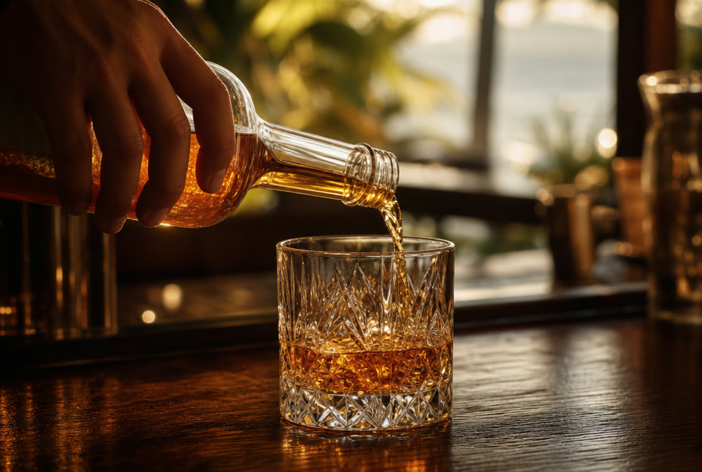 Amber rum being poured into a crystal glass on a dark wooden bar