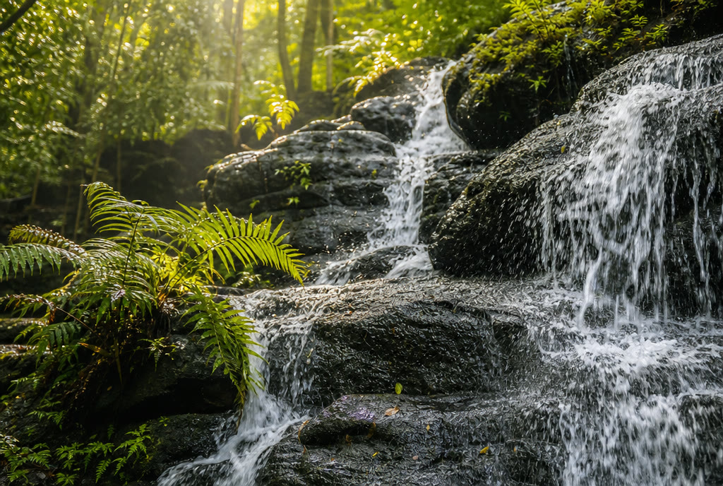 Water breaking white over dark rock terraces in a Jamaican forest cascade